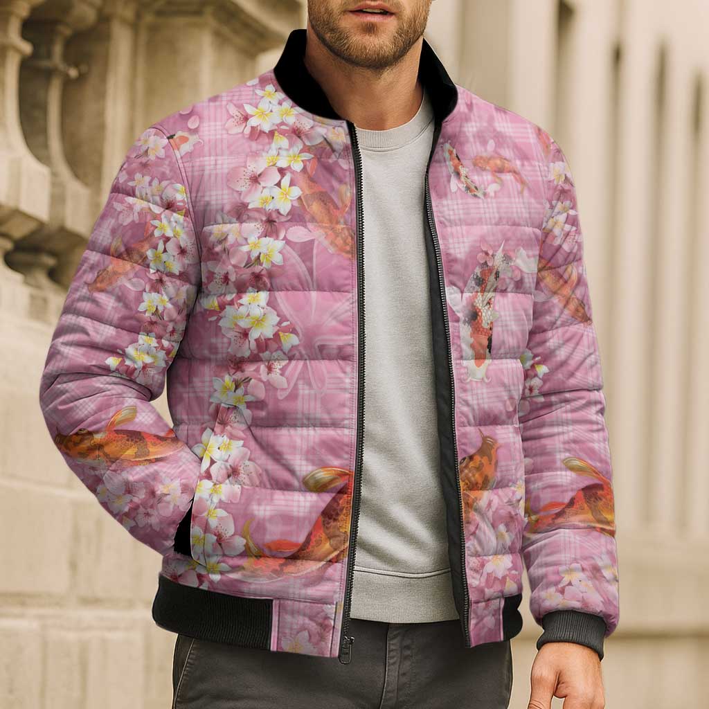 Pink Palaka Hawaiian And Japanese Bomber Puffer Jacket Sakura Lei With Koi Fish DT05 - Polynesian Pride