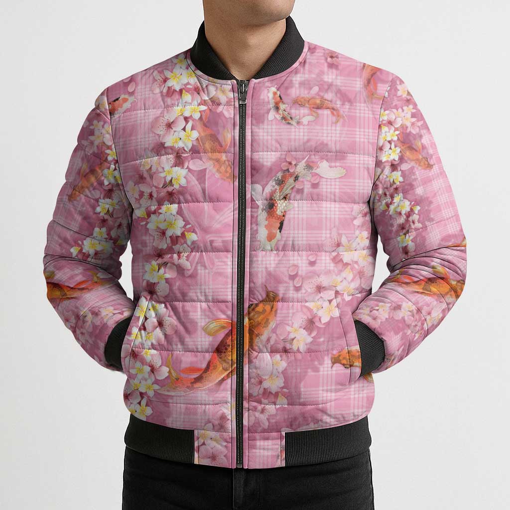 Pink Palaka Hawaiian And Japanese Bomber Puffer Jacket Sakura Lei With Koi Fish DT05 - Polynesian Pride