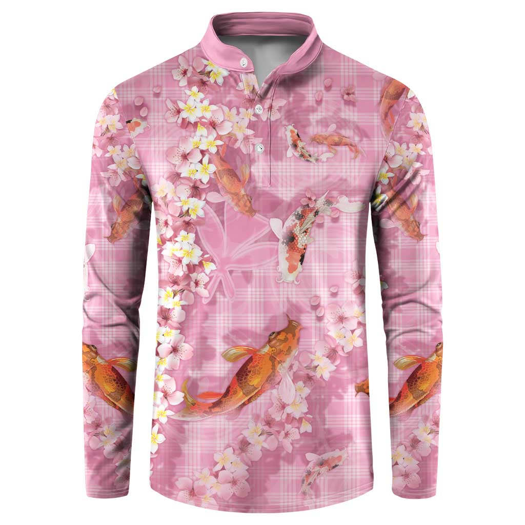 Pink Palaka Hawaiian And Japanese Button Sweatshirt Sakura Lei With Koi Fish DT05 Pink - Polynesian Pride