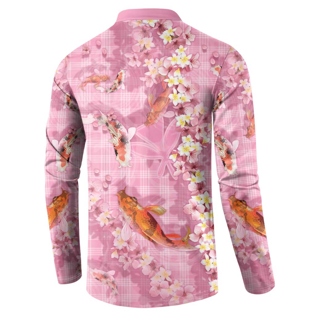 Pink Palaka Hawaiian And Japanese Button Sweatshirt Sakura Lei With Koi Fish DT05 - Polynesian Pride
