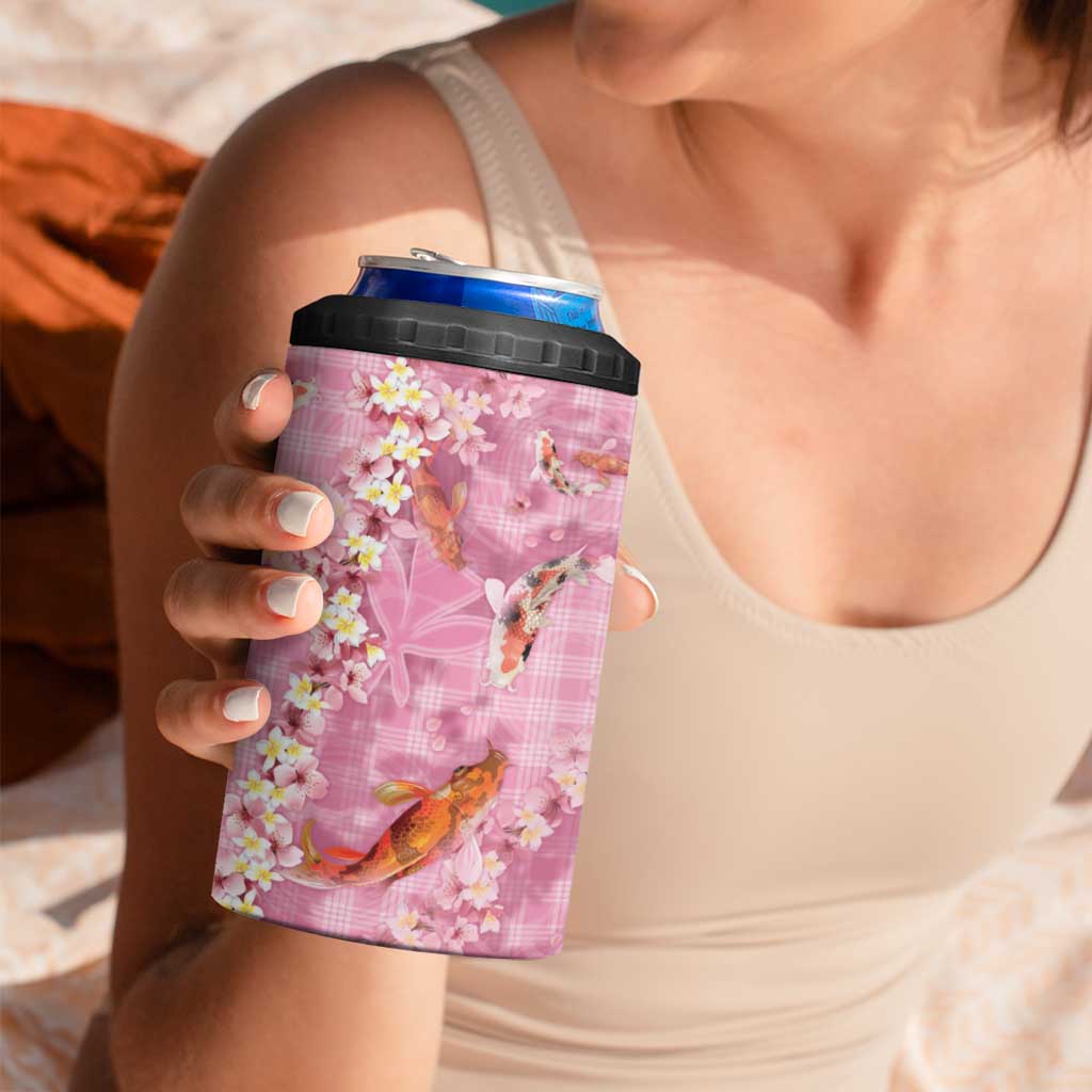 Pink Palaka Hawaiian And Japanese 4 in 1 Can Cooler Tumbler Sakura Lei With Koi Fish - Polynesian Pride