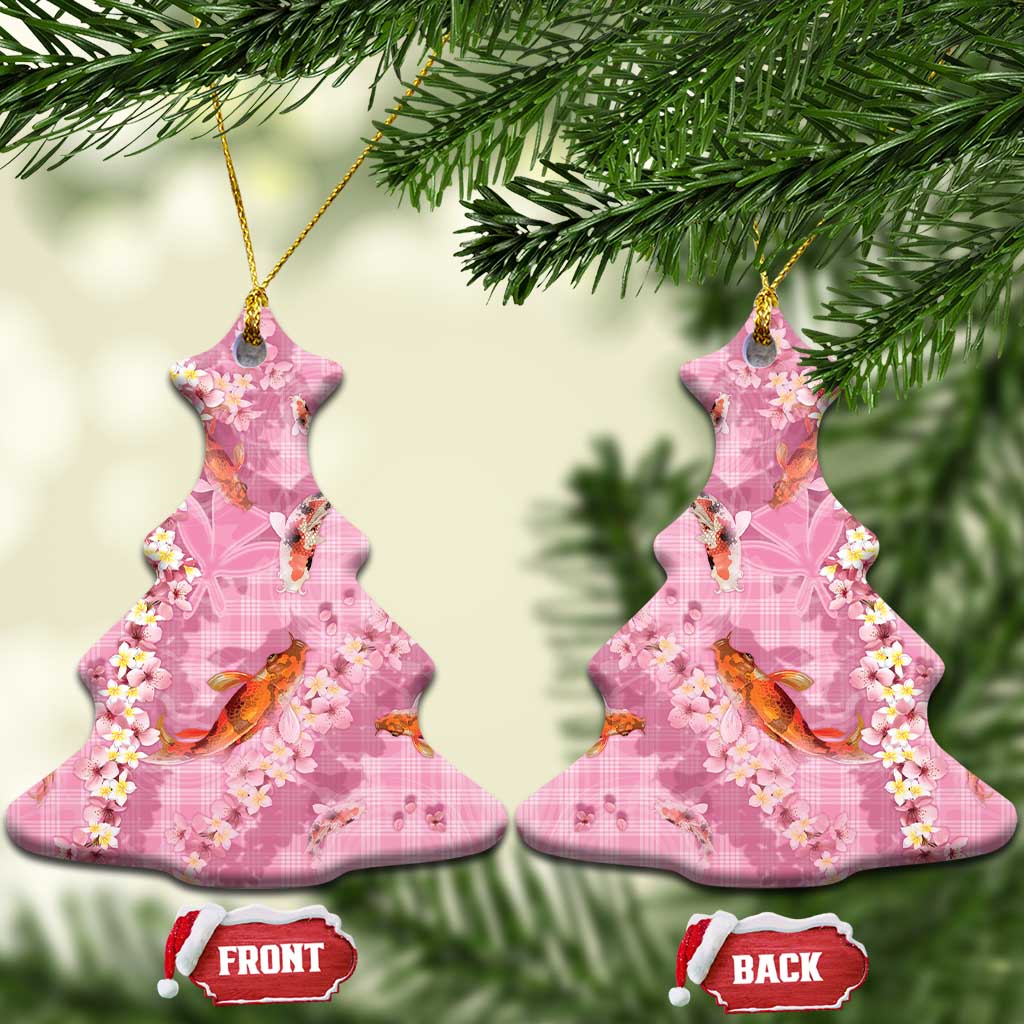 Pink Palaka Hawaiian And Japanese Ceramic Ornament Sakura Lei With Koi Fish - Polynesian Pride