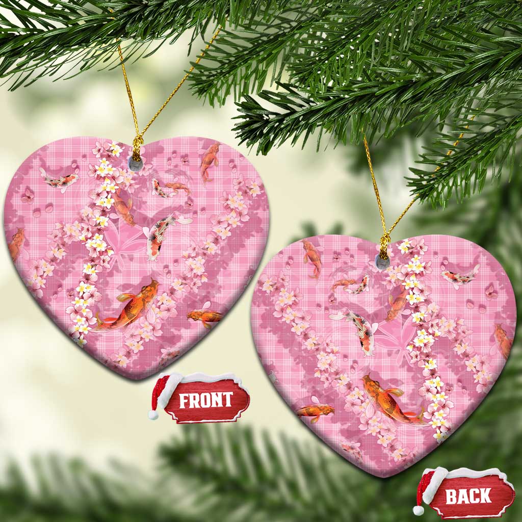 Pink Palaka Hawaiian And Japanese Ceramic Ornament Sakura Lei With Koi Fish - Polynesian Pride