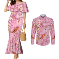 Pink Palaka Hawaiian And Japanese Couples Matching Mermaid Dress and Long Sleeve Button Shirt Sakura Lei With Koi Fish - Polynesian Pride