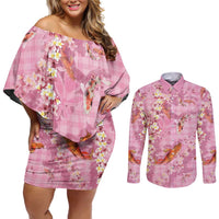 Pink Palaka Hawaiian And Japanese Couples Matching Off Shoulder Short Dress and Long Sleeve Button Shirt Sakura Lei With Koi Fish - Polynesian Pride