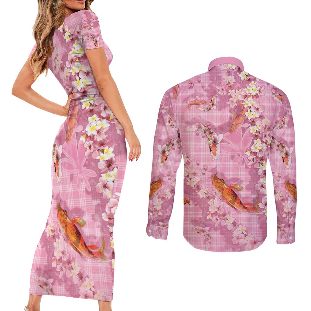 Pink Palaka Hawaiian And Japanese Couples Matching Short Sleeve Bodycon Dress and Long Sleeve Button Shirt Sakura Lei With Koi Fish - Polynesian Pride