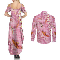 Pink Palaka Hawaiian And Japanese Couples Matching Summer Maxi Dress and Long Sleeve Button Shirt Sakura Lei With Koi Fish - Polynesian Pride