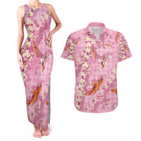 Pink Palaka Hawaiian And Japanese Couples Matching Tank Maxi Dress and Hawaiian Shirt Sakura Lei With Koi Fish - Polynesian Pride