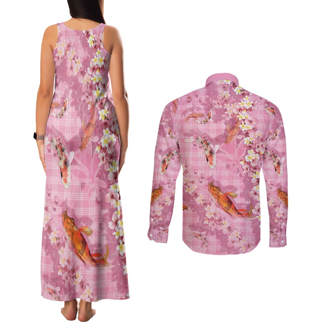 Pink Palaka Hawaiian And Japanese Couples Matching Tank Maxi Dress and Long Sleeve Button Shirt Sakura Lei With Koi Fish - Polynesian Pride
