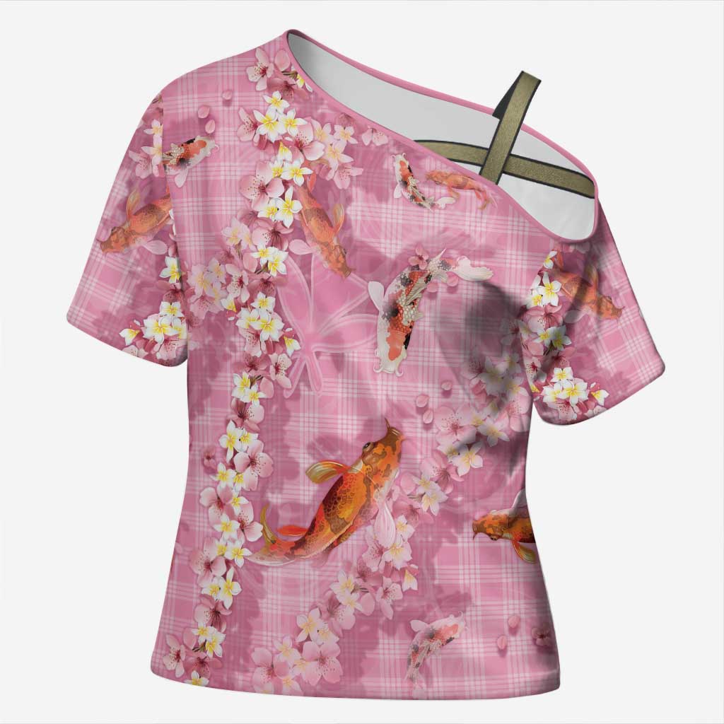Pink Palaka Hawaiian And Japanese Cross Shoulder Shirt Sakura Lei With Koi Fish DT05 Female Pink - Polynesian Pride