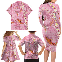 Pink Palaka Hawaiian And Japanese Family Matching Long Sleeve Bodycon Dress and Hawaiian Shirt Sakura Lei With Koi Fish - Polynesian Pride