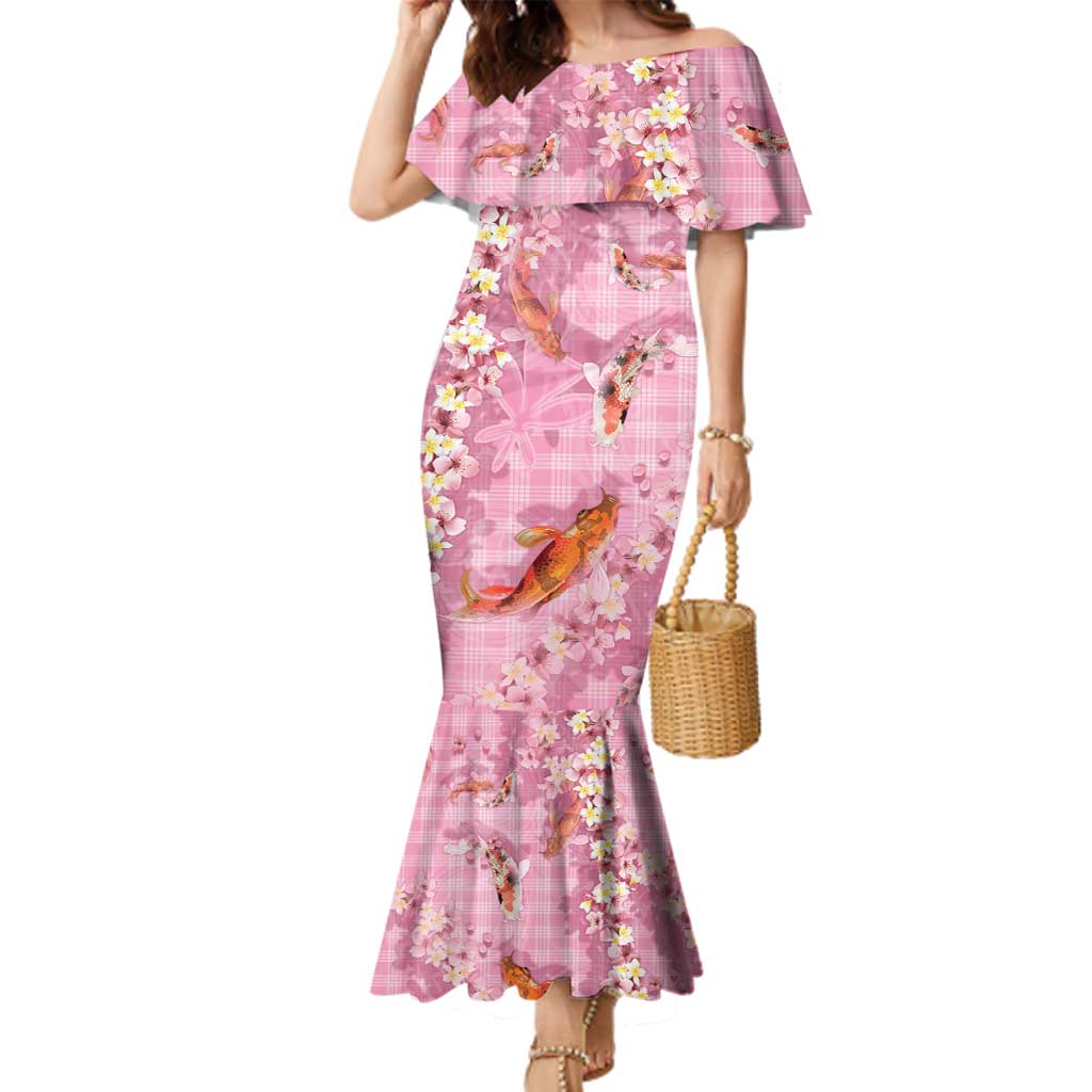 Pink Palaka Hawaiian And Japanese Family Matching Mermaid Dress and Hawaiian Shirt Sakura Lei With Koi Fish - Polynesian Pride