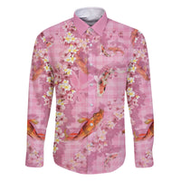 Pink Palaka Hawaiian And Japanese Family Matching Off The Shoulder Long Sleeve Dress and Hawaiian Shirt Sakura Lei With Koi Fish - Polynesian Pride