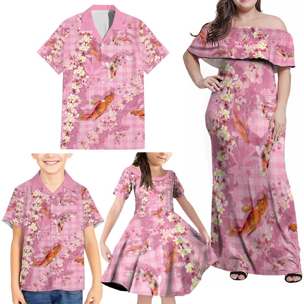 Pink Palaka Hawaiian And Japanese Family Matching Off Shoulder Maxi Dress and Hawaiian Shirt Sakura Lei With Koi Fish - Polynesian Pride