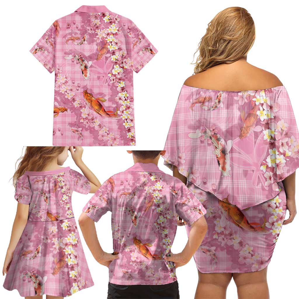 Pink Palaka Hawaiian And Japanese Family Matching Off Shoulder Short Dress and Hawaiian Shirt Sakura Lei With Koi Fish - Polynesian Pride