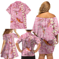 Pink Palaka Hawaiian And Japanese Family Matching Off Shoulder Short Dress and Hawaiian Shirt Sakura Lei With Koi Fish - Polynesian Pride