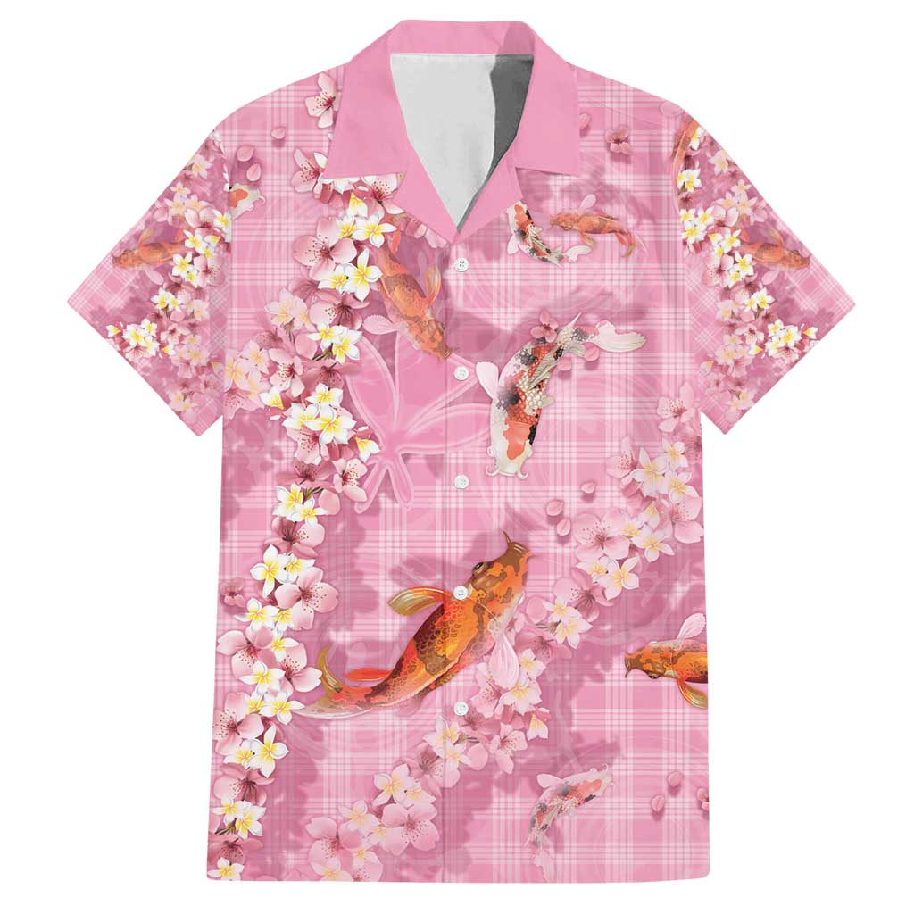 Pink Palaka Hawaiian And Japanese Family Matching Off Shoulder Short Dress and Hawaiian Shirt Sakura Lei With Koi Fish - Polynesian Pride