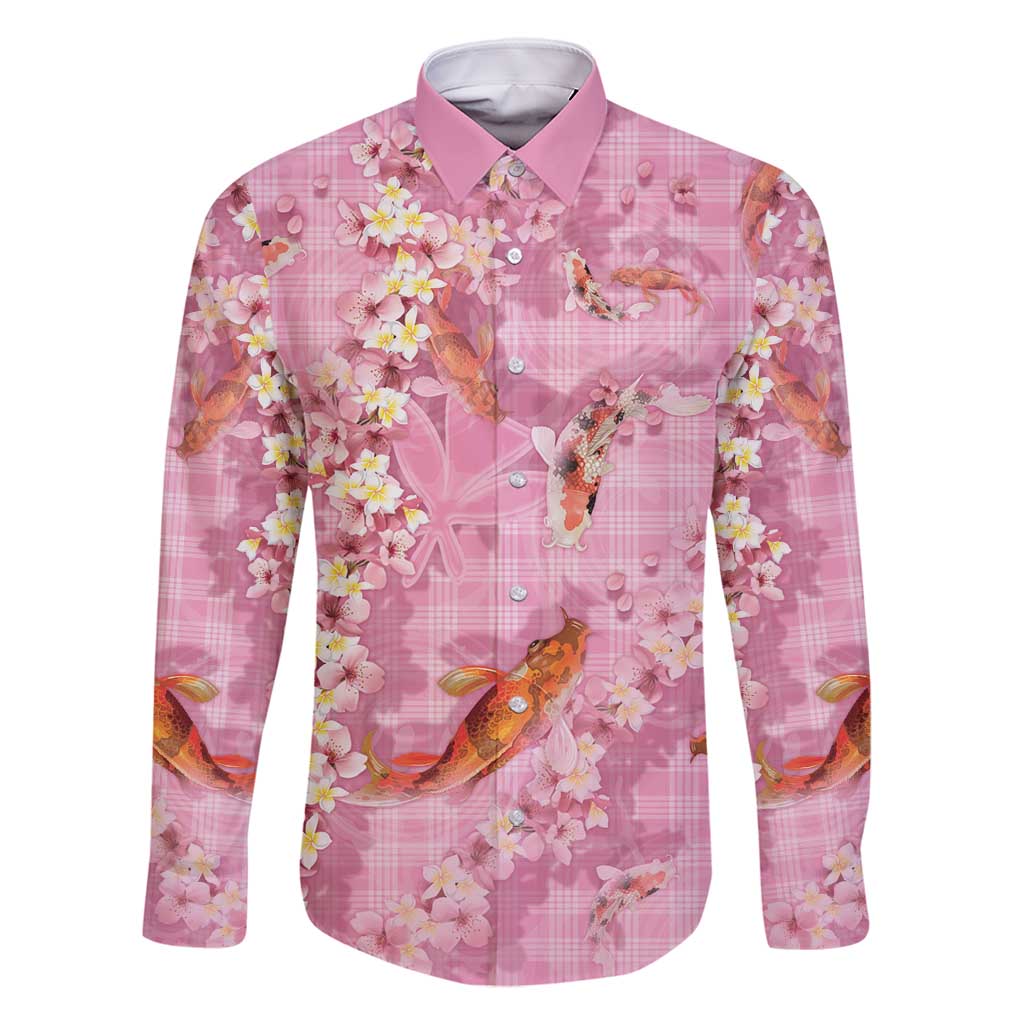 Pink Palaka Hawaiian And Japanese Family Matching Off Shoulder Short Dress and Hawaiian Shirt Sakura Lei With Koi Fish - Polynesian Pride