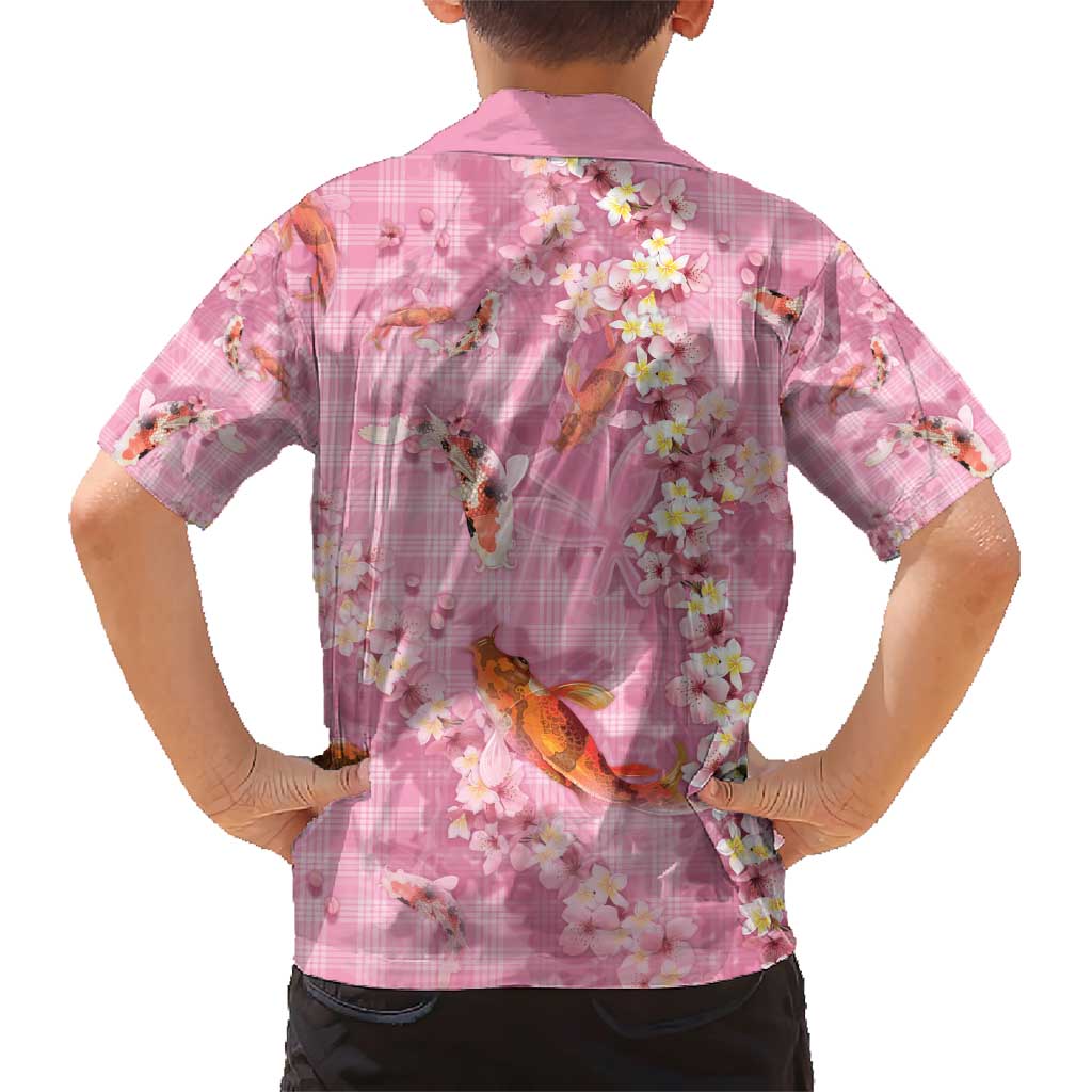 Pink Palaka Hawaiian And Japanese Family Matching Short Sleeve Bodycon Dress and Hawaiian Shirt Sakura Lei With Koi Fish - Polynesian Pride