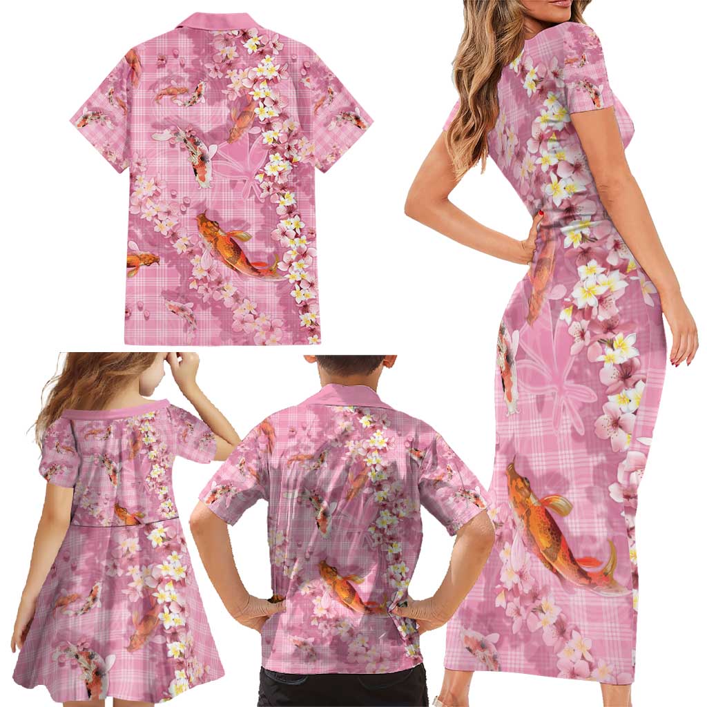 Pink Palaka Hawaiian And Japanese Family Matching Short Sleeve Bodycon Dress and Hawaiian Shirt Sakura Lei With Koi Fish - Polynesian Pride