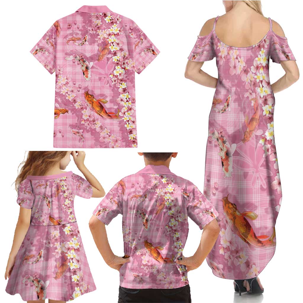 Pink Palaka Hawaiian And Japanese Family Matching Summer Maxi Dress and Hawaiian Shirt Sakura Lei With Koi Fish - Polynesian Pride