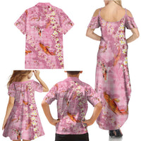 Pink Palaka Hawaiian And Japanese Family Matching Summer Maxi Dress and Hawaiian Shirt Sakura Lei With Koi Fish - Polynesian Pride
