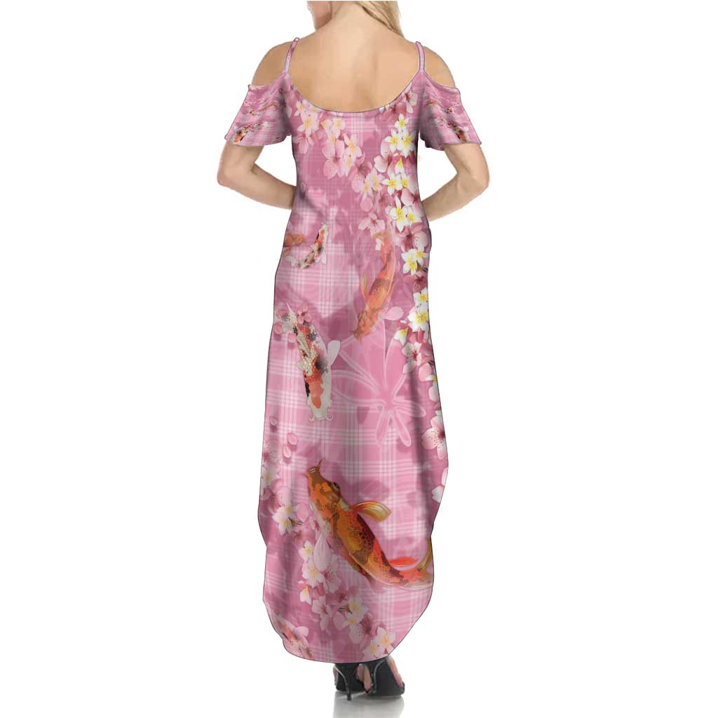 Pink Palaka Hawaiian And Japanese Family Matching Summer Maxi Dress and Hawaiian Shirt Sakura Lei With Koi Fish - Polynesian Pride