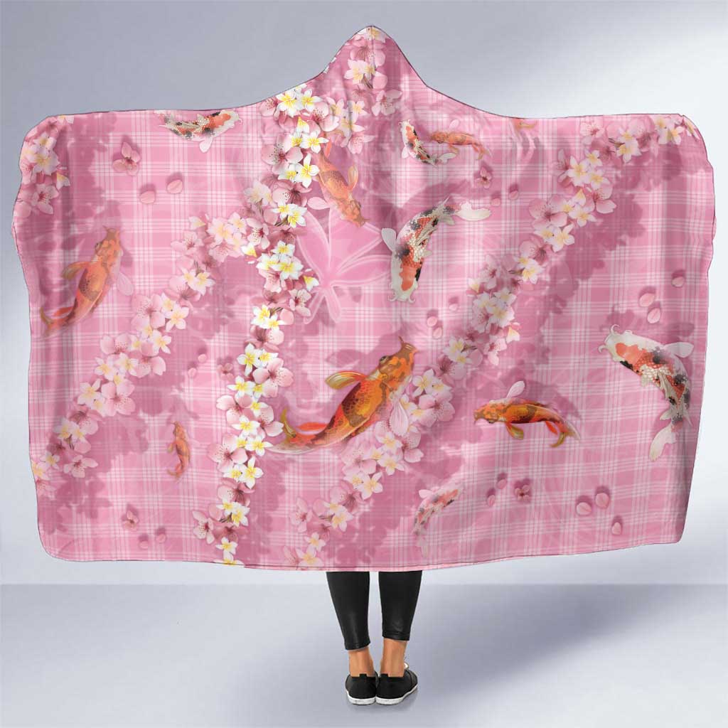 Pink Palaka Hawaiian And Japanese Hooded Blanket Sakura Lei With Koi Fish DT05 One Size Pink - Polynesian Pride