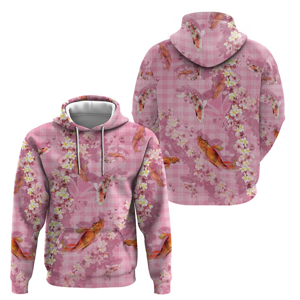 Pink Palaka Hawaiian And Japanese Hoodie Sakura Lei With Koi Fish - Polynesian Pride
