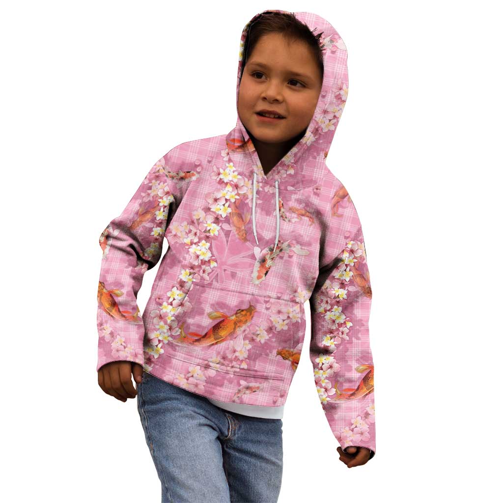 Pink Palaka Hawaiian And Japanese Kid Hoodie Sakura Lei With Koi Fish - Polynesian Pride