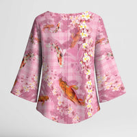 Pink Palaka Hawaiian And Japanese Kimono Sleeve Blouse Sakura Lei With Koi Fish DT05 - Polynesian Pride