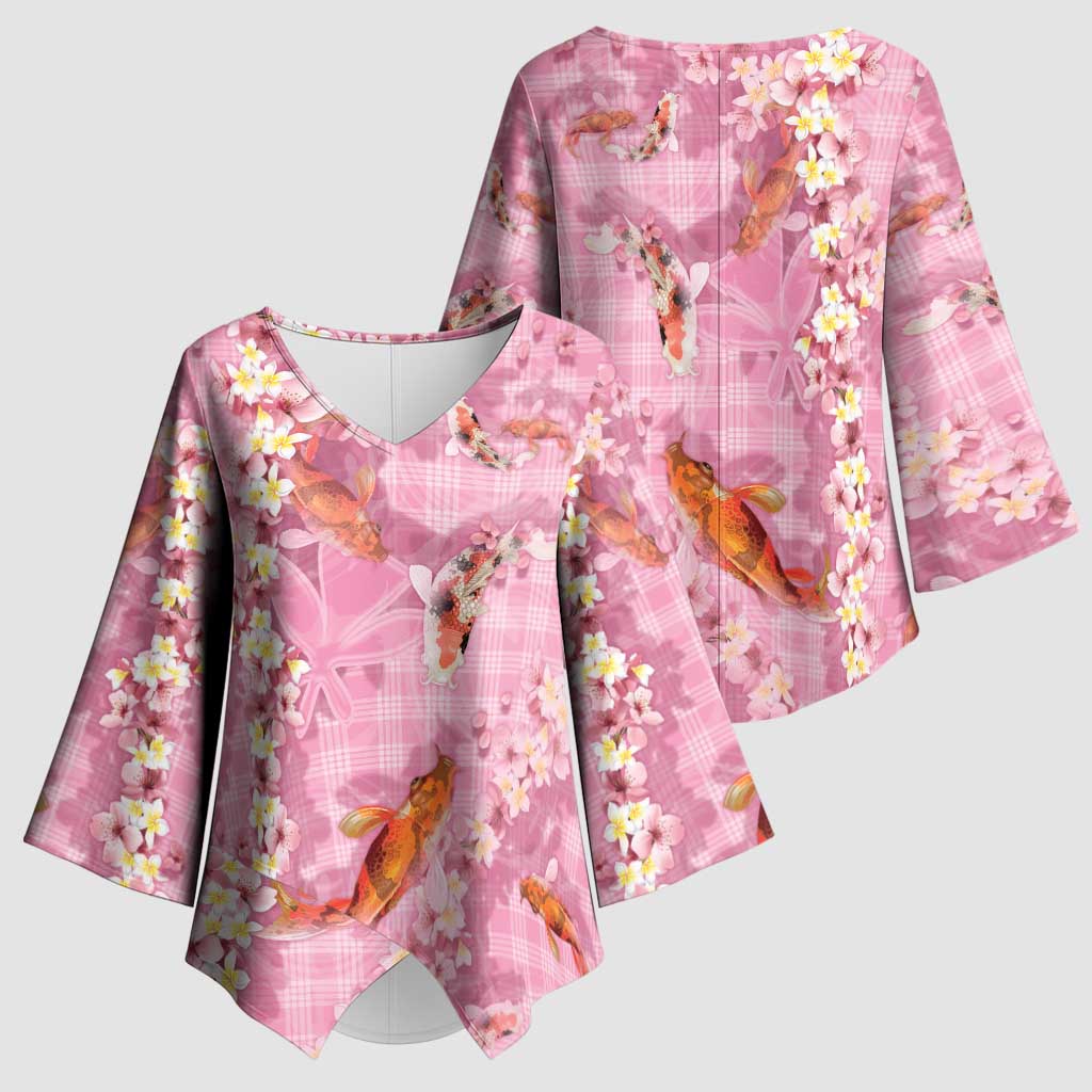 Pink Palaka Hawaiian And Japanese Kimono Sleeve Blouse Sakura Lei With Koi Fish DT05 - Polynesian Pride