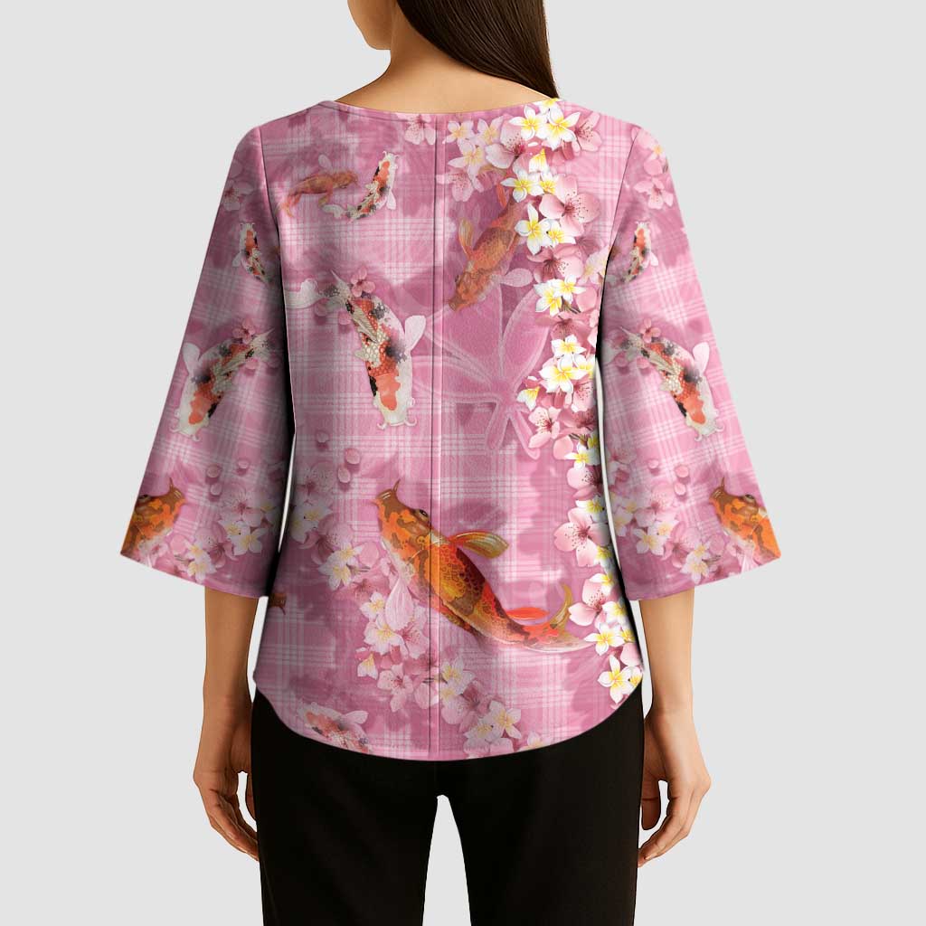 Pink Palaka Hawaiian And Japanese Kimono Sleeve Blouse Sakura Lei With Koi Fish DT05 - Polynesian Pride