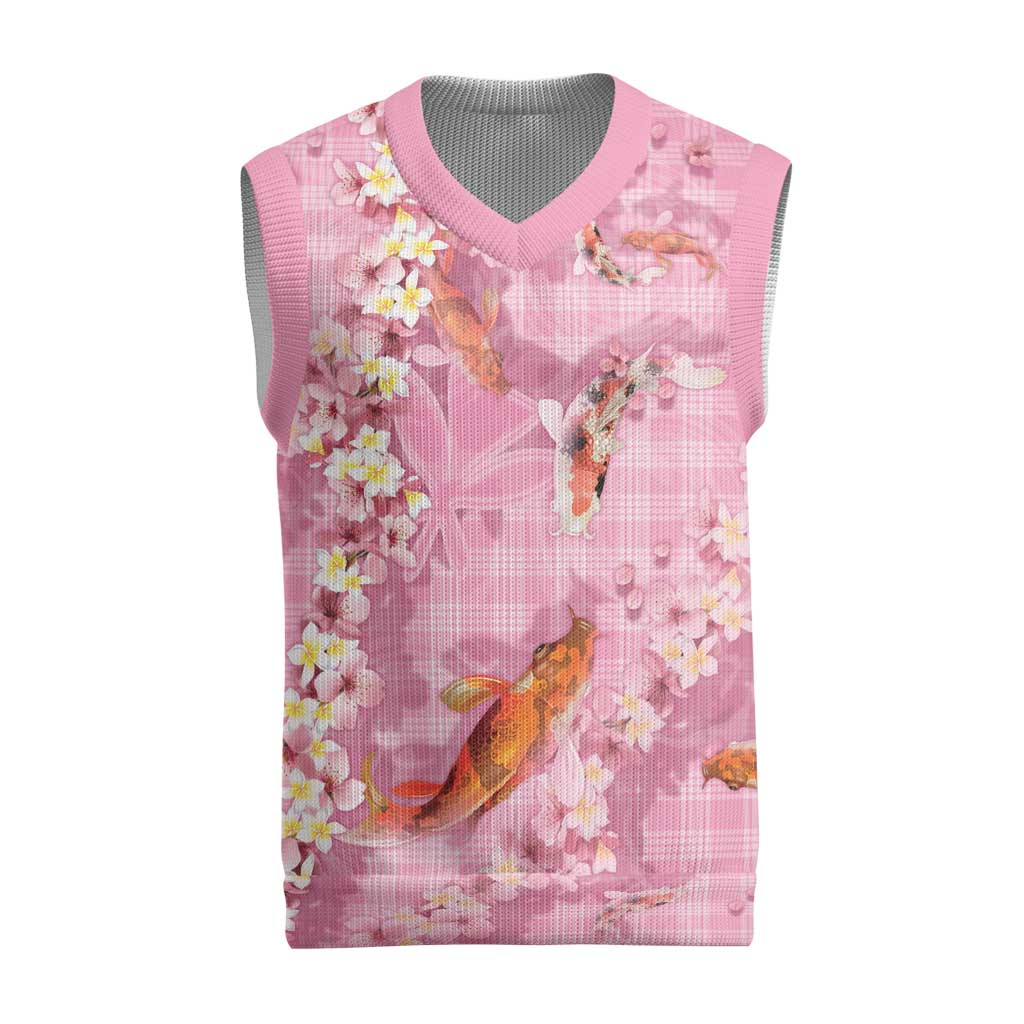 Pink Palaka Hawaiian And Japanese Christmas Knitted V-Neck Vest Sakura Lei With Koi Fish - Polynesian Pride