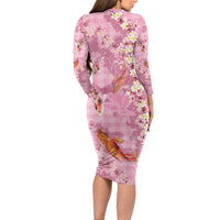 Pink Palaka Hawaiian And Japanese Long Sleeve Bodycon Dress Sakura Lei With Koi Fish - Polynesian Pride