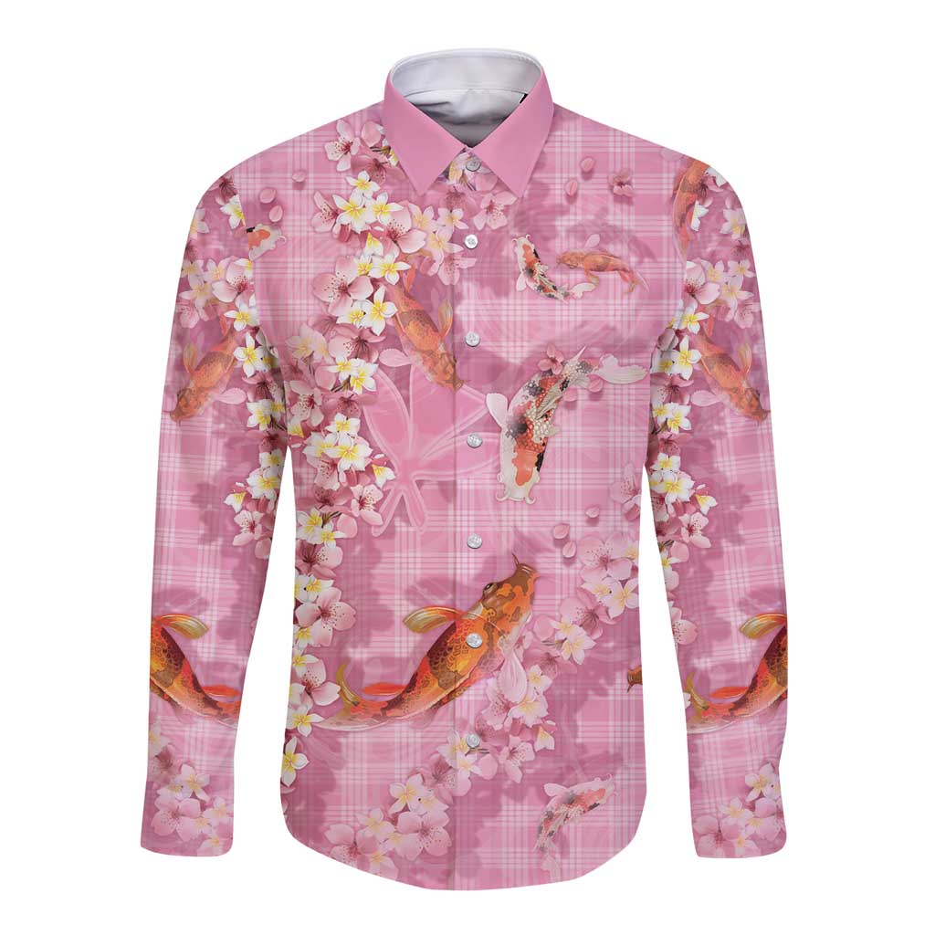 Pink Palaka Hawaiian And Japanese Long Sleeve Button Shirt Sakura Lei With Koi Fish DT05 Unisex Pink - Polynesian Pride
