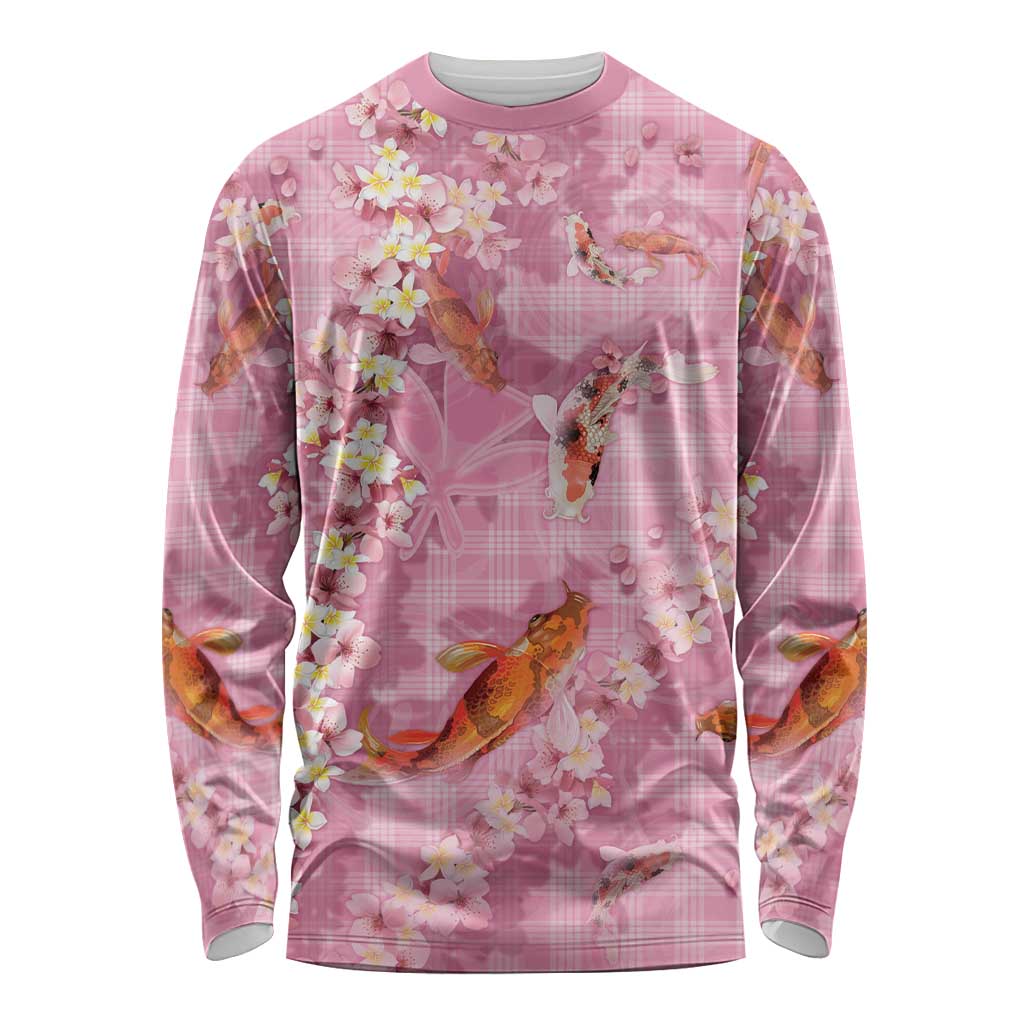 Pink Palaka Hawaiian And Japanese Long Sleeve Shirt Sakura Lei With Koi Fish DT05 Unisex Pink - Polynesian Pride