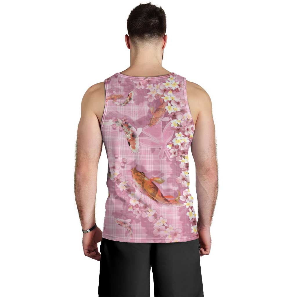 Pink Palaka Hawaiian And Japanese Men Tank Top Sakura Lei With Koi Fish DT05 - Polynesian Pride