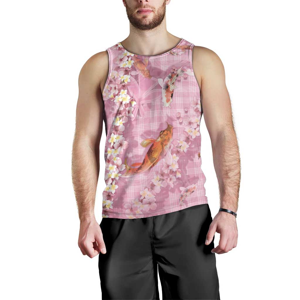 Pink Palaka Hawaiian And Japanese Men Tank Top Sakura Lei With Koi Fish DT05 - Polynesian Pride