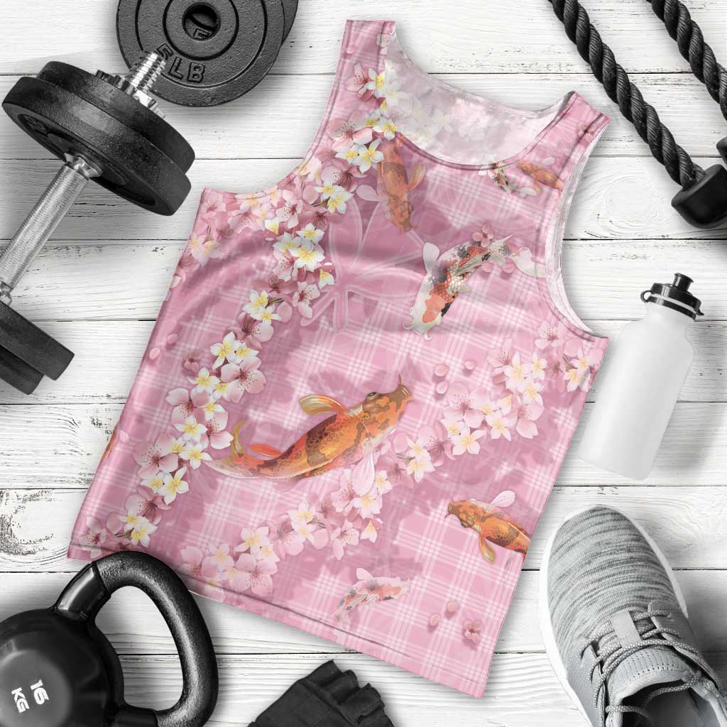 Pink Palaka Hawaiian And Japanese Men Tank Top Sakura Lei With Koi Fish DT05 - Polynesian Pride