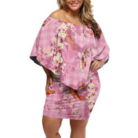 Pink Palaka Hawaiian And Japanese Off Shoulder Short Dress Sakura Lei With Koi Fish - Polynesian Pride