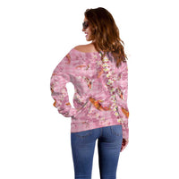 Pink Palaka Hawaiian And Japanese Off Shoulder Sweater Sakura Lei With Koi Fish - Polynesian Pride