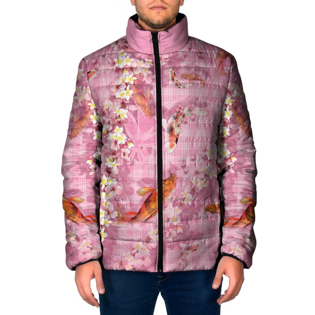 Pink Palaka Hawaiian And Japanese Padded Jacket Sakura Lei With Koi Fish DT05 Men Pink - Polynesian Pride