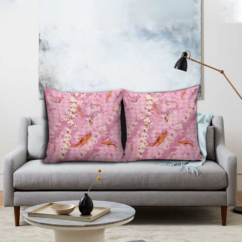Pink Palaka Hawaiian And Japanese Pillow Cover Sakura Lei With Koi Fish - Polynesian Pride