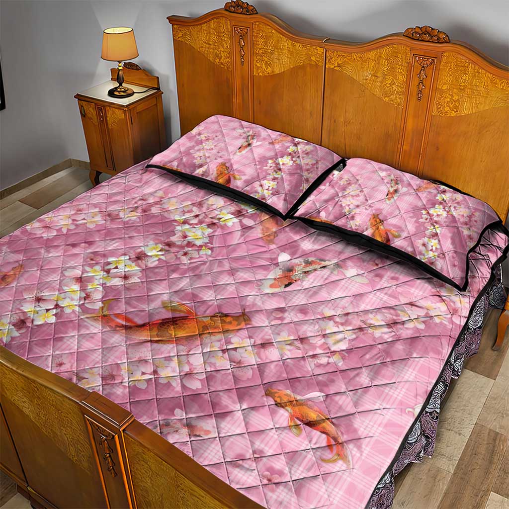 Pink Palaka Hawaiian And Japanese Quilt Bed Set Sakura Lei With Koi Fish - Polynesian Pride