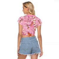 Pink Palaka Hawaiian And Japanese Raglan Cropped T Shirt Sakura Lei With Koi Fish DT05 - Polynesian Pride