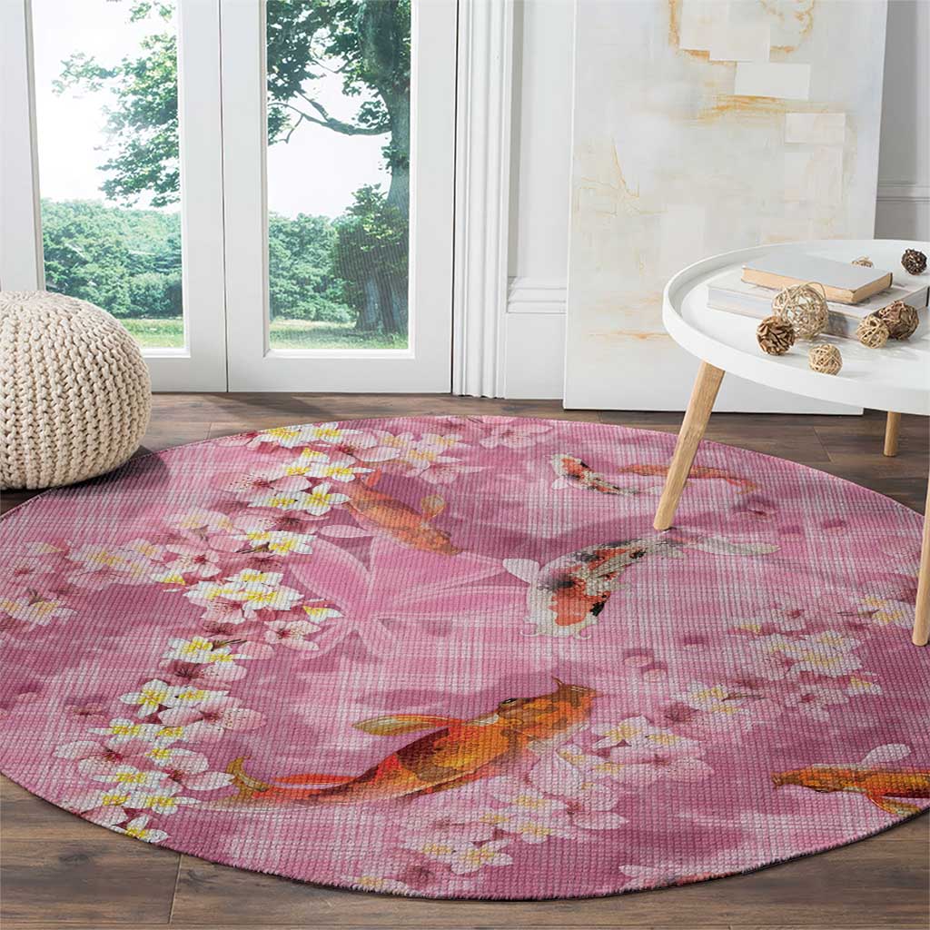 Pink Palaka Hawaiian And Japanese Round Carpet Sakura Lei With Koi Fish - Polynesian Pride