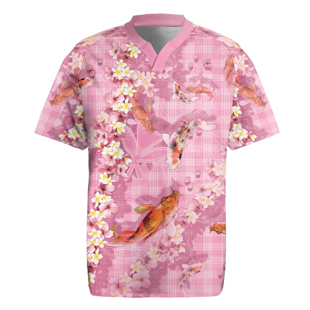 Pink Palaka Hawaiian And Japanese Rugby Jersey Sakura Lei With Koi Fish - Polynesian Pride