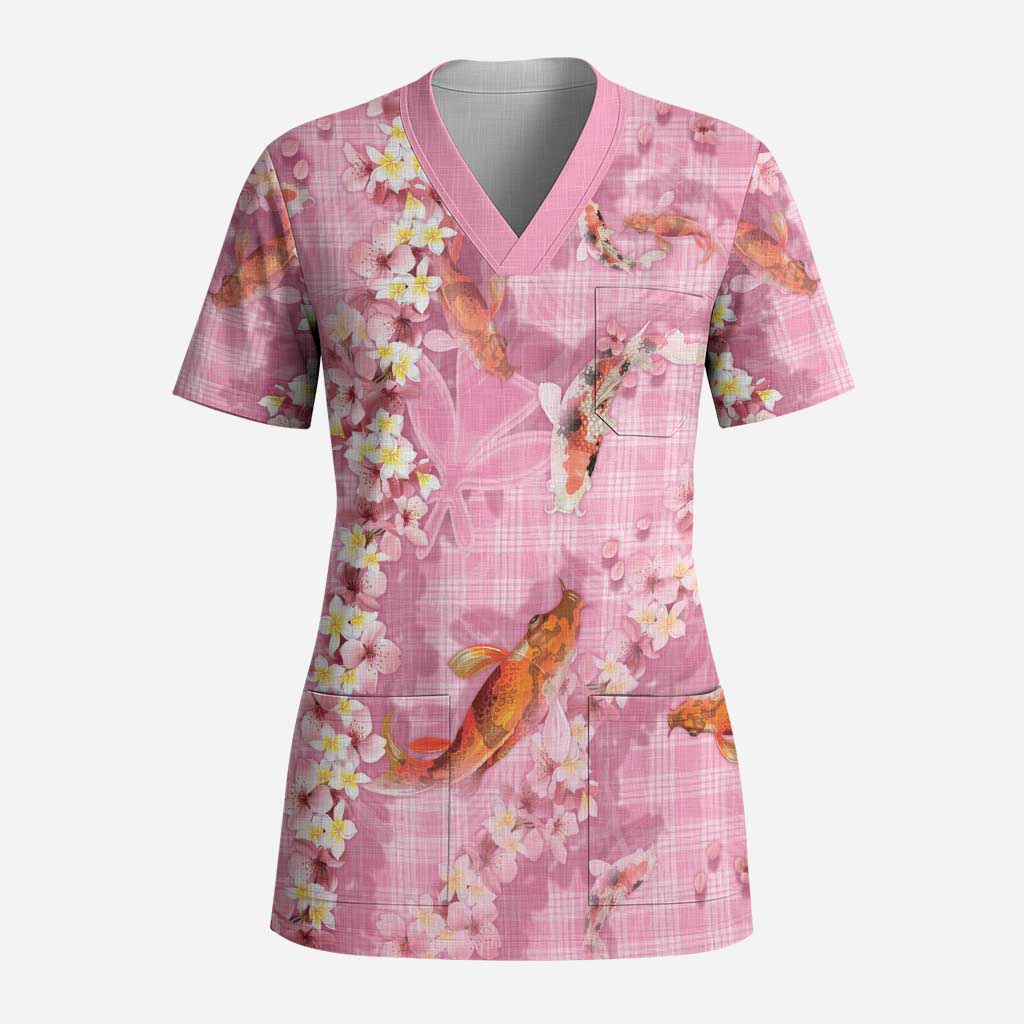 Pink Palaka Hawaiian And Japanese Scrub Top Sakura Lei With Koi Fish DT05 Adult Pink - Polynesian Pride