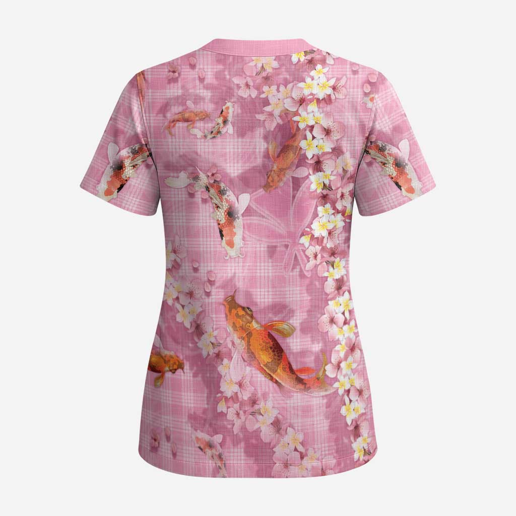 Pink Palaka Hawaiian And Japanese Scrub Top Sakura Lei With Koi Fish DT05 - Polynesian Pride